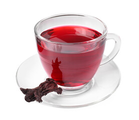 Delicious hibiscus tea in glass cup and dry roselle sepal isolated on white