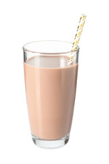 Tasty chocolate milk and straw in glass isolated on white