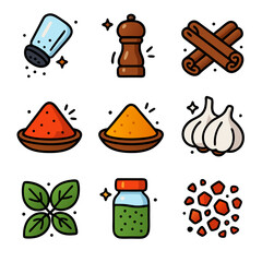 Cooking spices icon with various ingredients like salt, pepper, cinnamon, red chili powder, turmeric, garlic. Suitable for food blogs, menus, recipes, and cooking websites.
