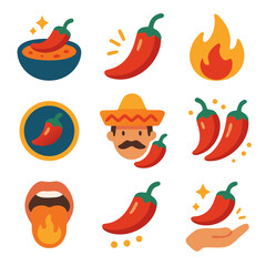 Chili icon set features spicy pepper illustrations perfect for culinary designs. Ideal for food blogs, recipes, menus, and packaging.