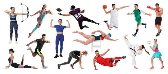 People engaged in different sport activities on white background, collage