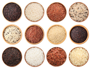 Brown and other types of rice in bowls isolated on white, set. Top view