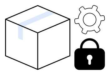 Box, lock, and gear symbols portray secure packaging, logistics, system efficiency, and protection. Ideal for e-commerce, shipping security technology data management operations process. Flat