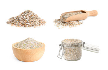 Rye bran isolated on white, set. Food product