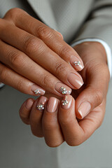 Nail Art Manicure Close-Up: Elegant Shiny Fingers With Gemstones Beauty Fashion - Neat Well-Groomed Trendy Nail Art Nails Style Details Professional Grooming Luxury Cosmetic Care Finger Polish