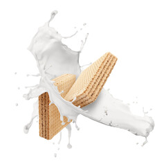 Tasty crispy wafers and splashing milk on white background