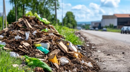 Obraz premium Pile of Waste and Trash Near Unpaved Roadside Under Bright Blue Sky