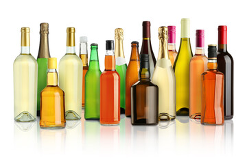 Bottles with different types of alcoholic drinks on white background, set