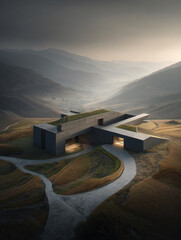 Modern Minimalist Architecture Geometric Building Structure Isolated Hillside Rural Environment Contemporary Design Postmodern Residential Nature Landscape Artistic Panoramic Sky View 