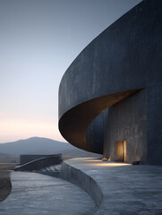 Modern Architecture Building Design Curved Structure Minimalism Outdoors Landscape Pathway Evening Sky Horizon Concrete Contemporary Nature Light Shadows Texture Urban Serenity Artistic Lines 