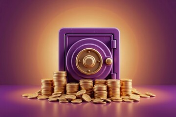Secure Purple Safe with Stacks of Gold Coins Financial Security and Wealth Concept