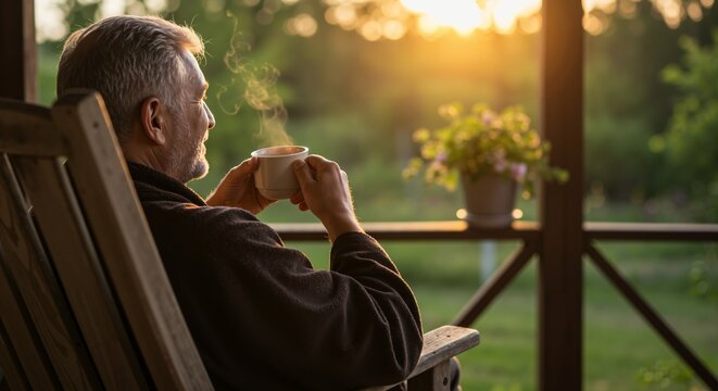 Senior man relaxing on a wooden rocking chair on the porch, enjoying a hot steaming drink at sunset. Elderly male contemplating in peaceful outdoor setting during golden hour.