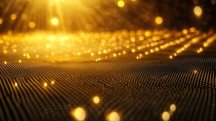 Abstract golden textured surface with glowing particles.