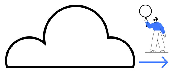 Cloud outline with a figure holding a magnifying glass over it while a blue arrow indicates movement. Ideal for technology, cloud services, innovation, search, exploration, strategy, simple landing