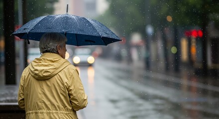 Elderly woman in a yellow jacket holding a blue umbrella walks along a city street during a heavy rain shower. Rear view of a senior citizen braving the wet weather.