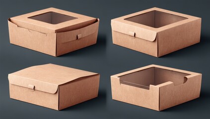 Four kraft cardboard boxes, two with clear plastic windows showcasing various closure styles and presentation options