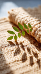 Shadow play on woven jute mat with natural fiber and leaf detail for eco-friendly design