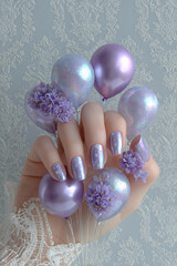 Purple Nails Balloons Flowers Manicure Glossy Polish Celebration Beauty Festive Fingernails Lilac Holiday Violet Decorative Accessories Spring Elegant Vibrant Fun Design Artistic Texture Background