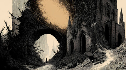 illustration for existential poetry collection | emotive void | eternal decay | bone white and pitch black | foreground decay dominance | cathedral ruins | organic ruin rendering | shadow engulfing |