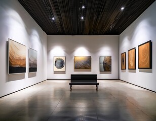 Art gallery lobby with minimalist bench, spotlighted paintings, and polished concrete floor