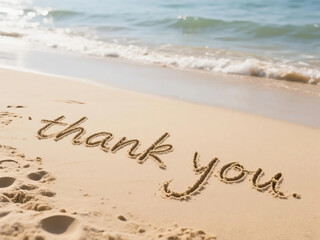 Fototapeta premium thank you word drawn on the beach sand