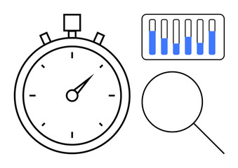 Stopwatch, set of six test tubes with varying levels of blue liquid, and magnifying glass. Ideal for science, research, laboratory work, experiments, time management, accuracy simple landing page