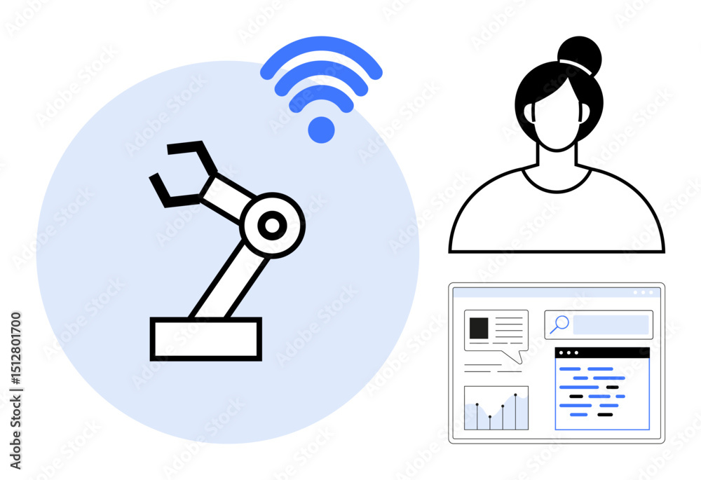 Poster robotic arm with wireless signal, user avatar, and web dashboard with data charts. ideal for automat