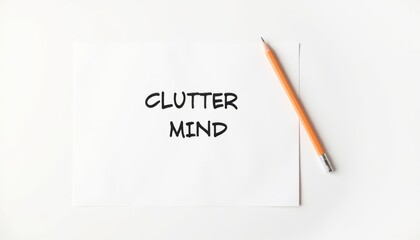 Paper note with text "Clutter Mind" and pencil on white background  