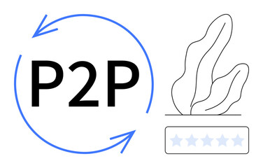 P2P text surrounded by arrows, abstract leaf illustration, and 5-star rating system. Ideal for digital platforms, collaboration, connectivity, feedback, trust, sharing economy simple landing page