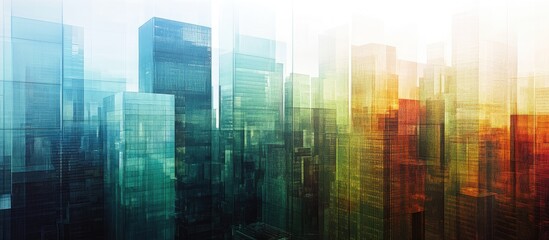 Abstract cityscape, vibrant colors, modern buildings