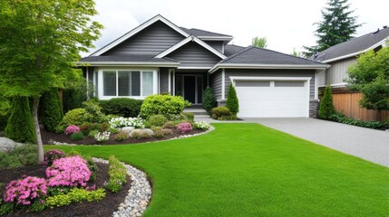 Beautiful suburban house with landscaped yard and vibrant flower beds