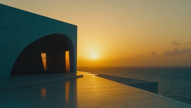 Sunset View From Modern Concrete Building Over Water
