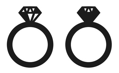 Diamond ring icon, Engagement ring silhouette, Wedding ring symbol, Jewelry ring outline, Diamond solitaire ring icon, Ring vector, Black and white diamond ring, Gemstone ring icon