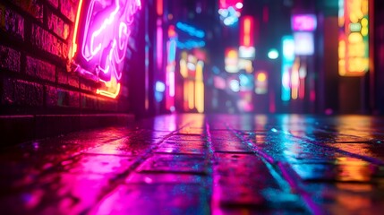 Neon lights illuminate a wet alleyway at night.