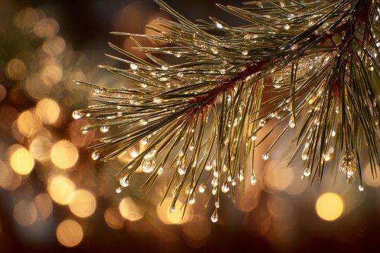 Close-up of pine needles adorned with water droplets against a golden bokeh backdrop.