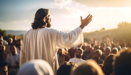 Jesus preaching to a crowd under a golden sun