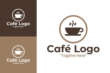 Unique Café Logo with Coffee Cup and Mountain Shape in Earthy Browns and Cream Colors
