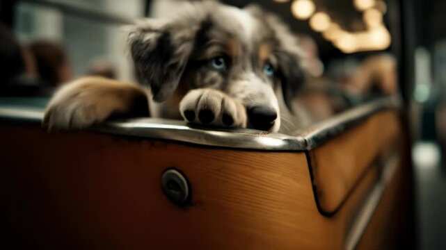 Close-up portrait of a cute dog with striking blue eyes and patterned fur sitting on a train, looking off into the distance