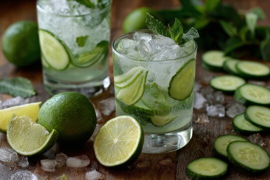Delicious, refreshing mojito cocktails, garnished with mint and cucumbers, ready to drink.