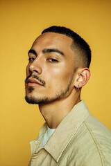Latino Man with Slicked Hair in Modern Shirt on Yellow Background