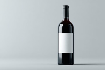 A single, dark-glass bottle of red wine stands on a light gray background.  The bottle has a blank, rectangular white label