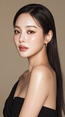 Elegant East Asian Woman Studio Portrait with Dewy Makeup and Sleek Hair