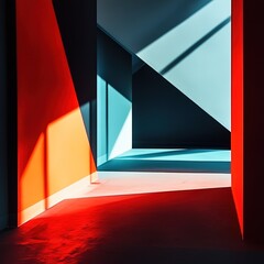 Geometric Interior Space With Red And Teal Walls