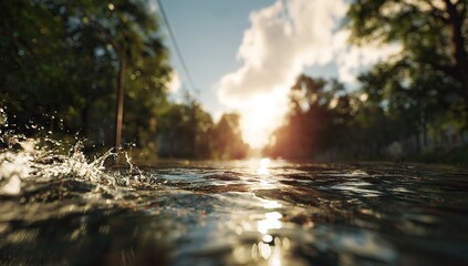 Forest Road Reflecting Sunlight In Shallow Water