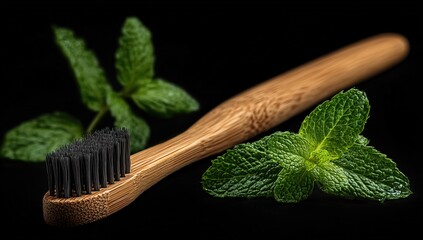 Bamboo Toothbrush With Mint Leaves On Black Background