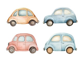 Watercolor Illustration Of Vintage Cars