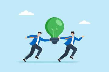 Flat illustration of employees carrying green lightbulb on relay baton run symbolizing shared ESG sustainability effort