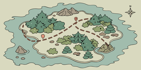 Detailed hand-drawn map illustrating a forested island with pathways and landmarks for outdoor adventures