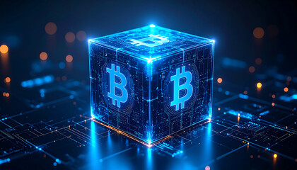 A glowing blue cube with Bitcoin symbols sits on a digital circuit-like surface in a dark environment, representing cryptocurrency and blockchain technology.