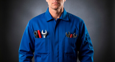 A mechanic, holding wrench and wearing blue uniform